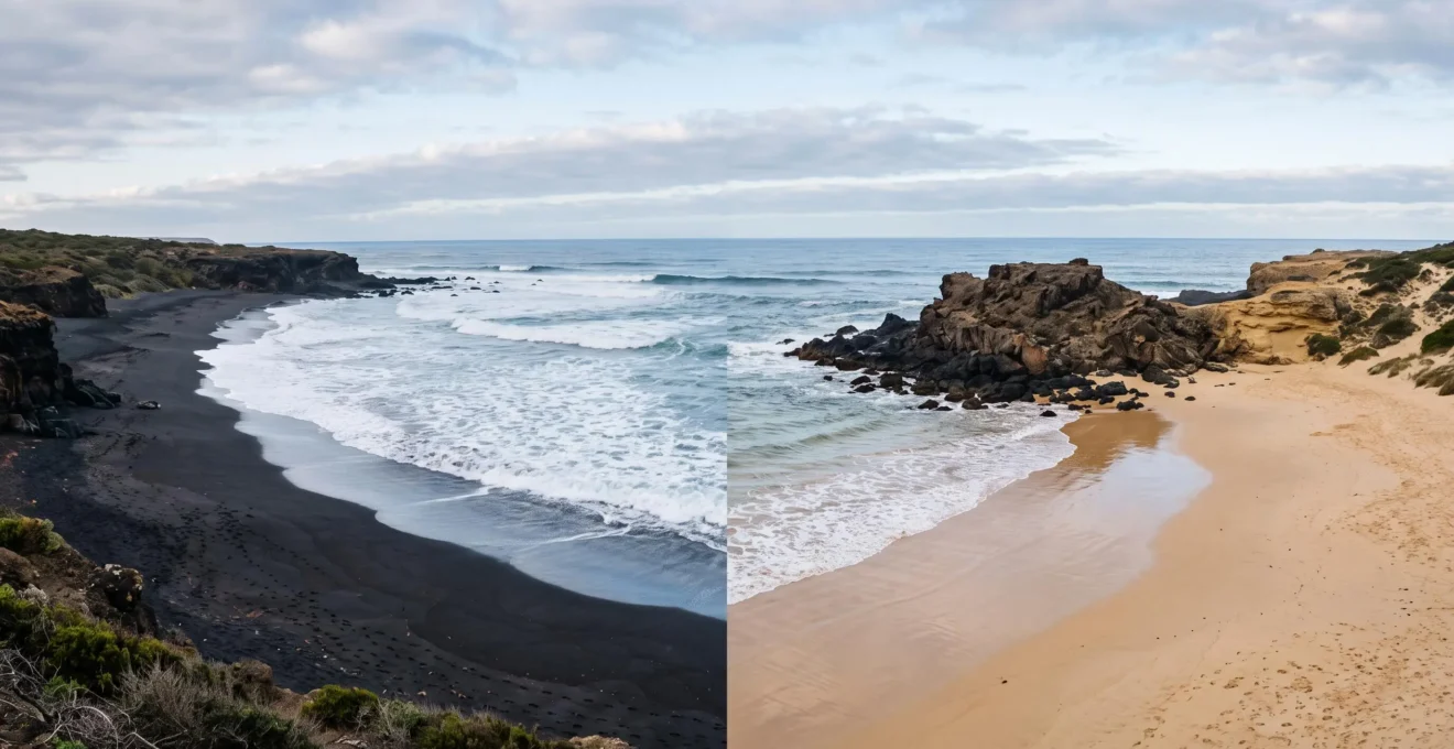 Contraste entre une plage de sable noir volcanique et une plage de sable blanc aux eaux turquoise aux Canaries