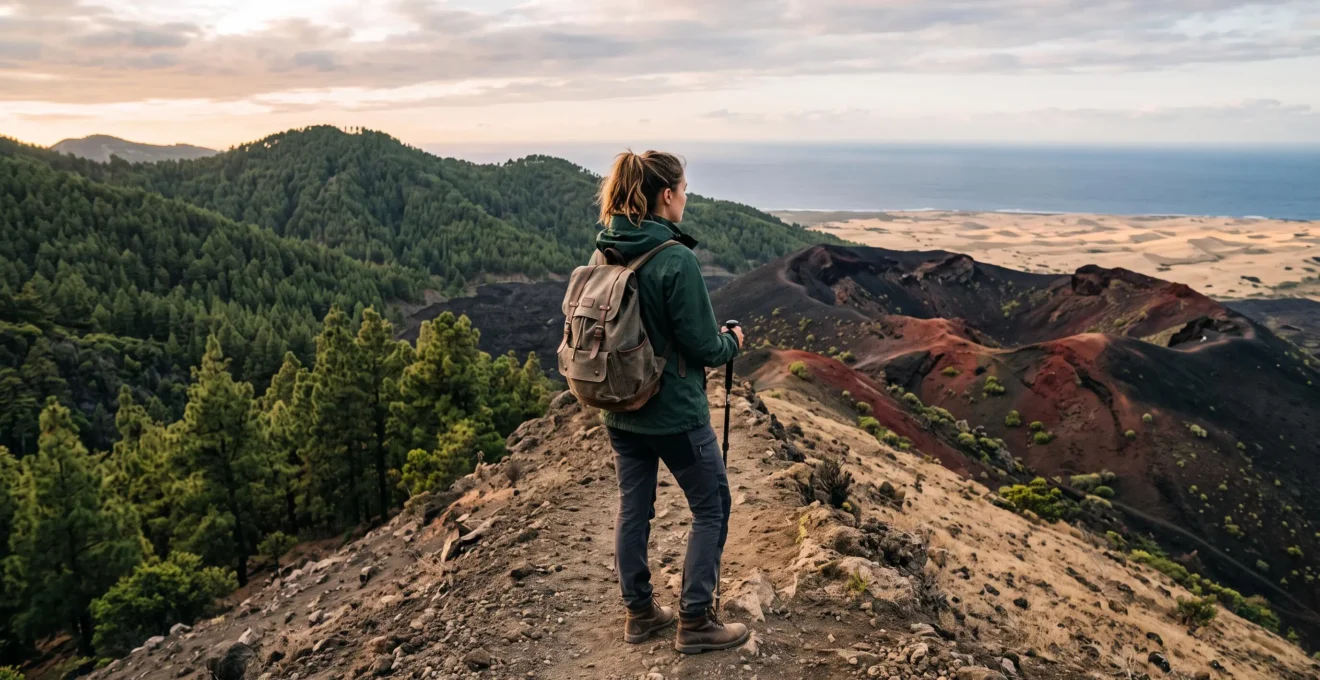 Randonneur contemplant un paysage panoramique des Canaries où se succèdent forêt de pins, caldeira volcanique et désert de lapilli noir