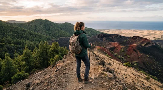 Randonneur contemplant un paysage panoramique des Canaries où se succèdent forêt de pins, caldeira volcanique et désert de lapilli noir
