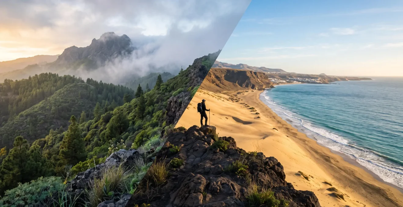 Vue panoramique des îles Canaries montrant un contraste entre côte ensoleillée et sommet volcanique nuageux, illustrant la diversité climatique de l'archipel