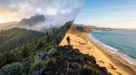 Vue panoramique des îles Canaries montrant un contraste entre côte ensoleillée et sommet volcanique nuageux, illustrant la diversité climatique de l'archipel