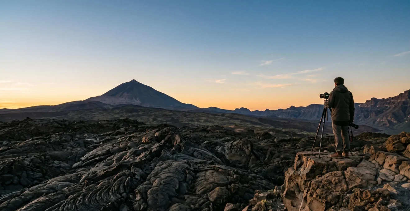 Vue panoramique grand-angle d'un paysage volcanique des îles Canaries baigné dans une lumière dorée de fin de journée