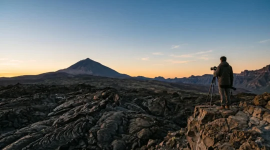 Vue panoramique grand-angle d'un paysage volcanique des îles Canaries baigné dans une lumière dorée de fin de journée