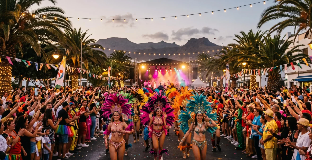 Ambiance nocturne du Carnaval des Canaries avec une foule costumée et des jeux de lumière colorés dans une rue de bord de mer