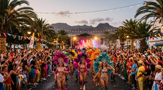 Ambiance nocturne du Carnaval des Canaries avec une foule costumée et des jeux de lumière colorés dans une rue de bord de mer