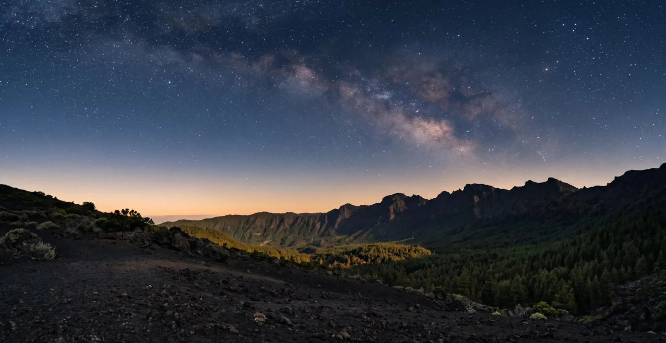 Paysage panoramique de La Palma illustrant le contraste entre terre volcanique noire, forêt luxuriante et ciel étoilé