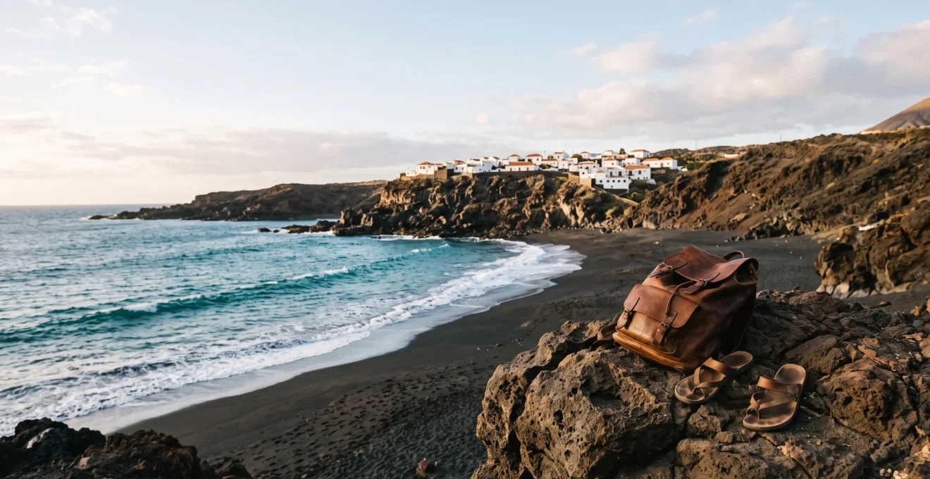 Côte volcanique des Canaries avec plage de sable noir et village blanc en arrière-plan, symbole d'un voyage accessible