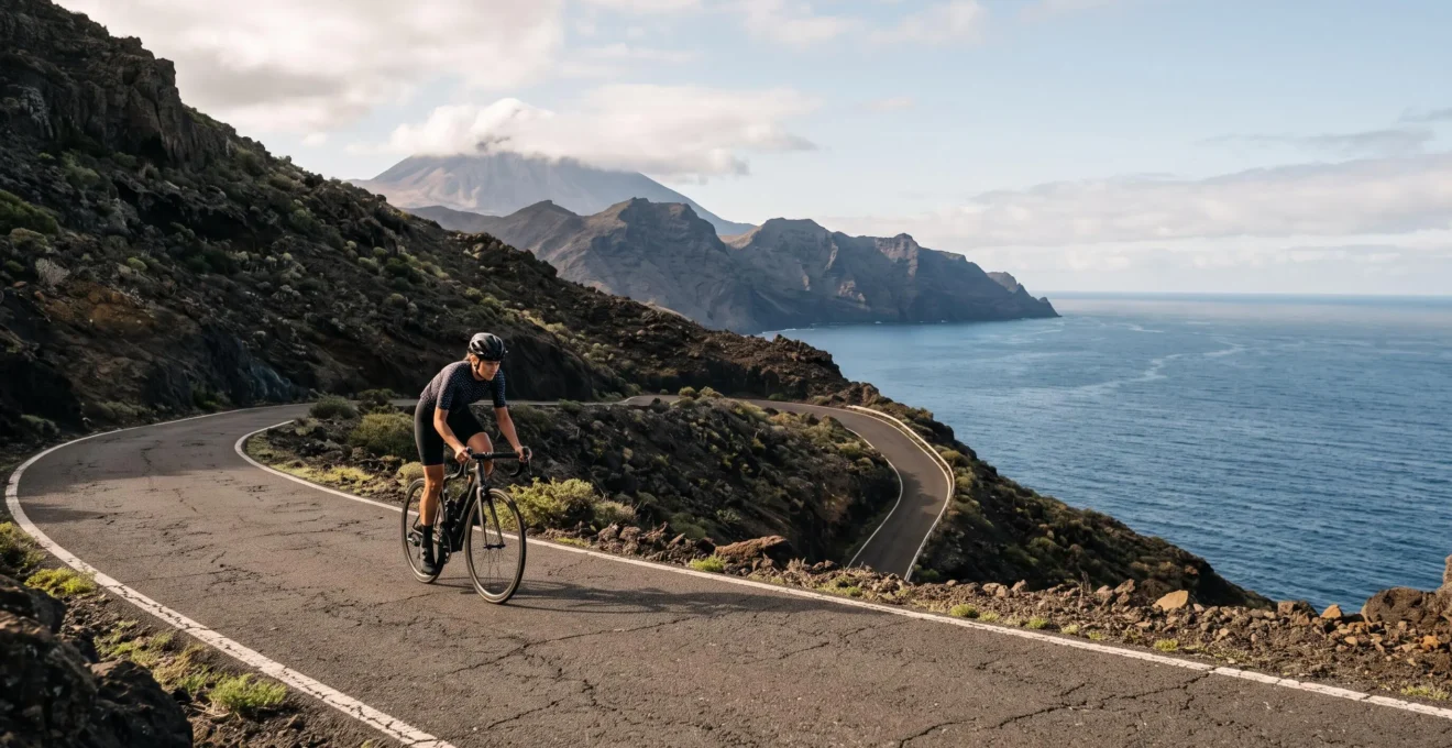 Cycliste solitaire gravissant une route volcanique sinueuse face à l'océan, symbole des activités sportives possibles toute l'année aux Canaries