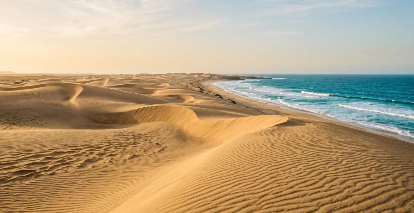 Vue panoramique editoriale d'un desert de dunes dorees aux Canaries borde par l'ocean Atlantique