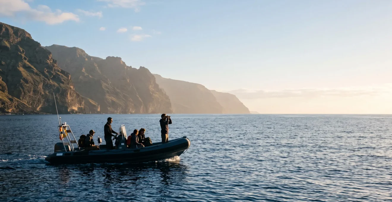 Petit bateau d'observation scientifique naviguant au large des falaises volcaniques des Canaries au lever du soleil, silhouettes de participants scrutant l'horizon