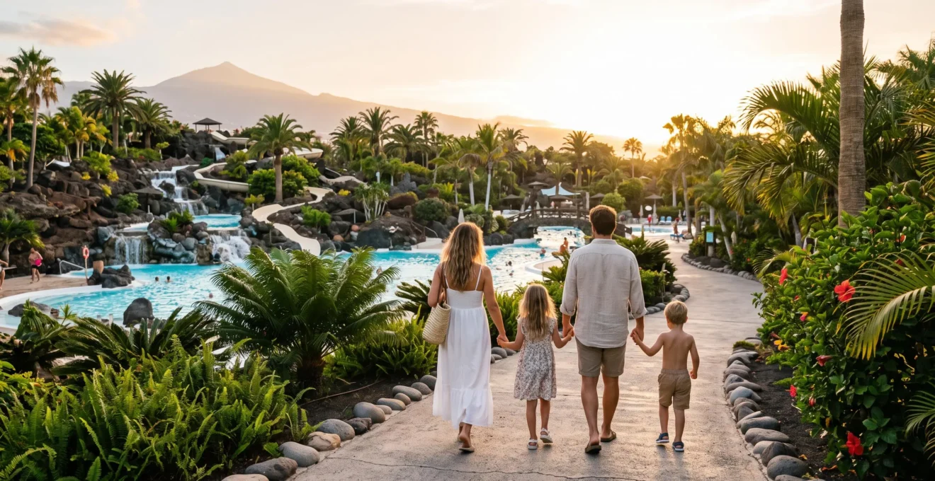 Une famille profite ensemble d'une journée dans un parc à thème tropical aux Canaries, entre toboggans aquatiques et végétation luxuriante