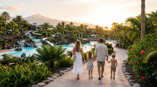 Une famille profite ensemble d'une journée dans un parc à thème tropical aux Canaries, entre toboggans aquatiques et végétation luxuriante