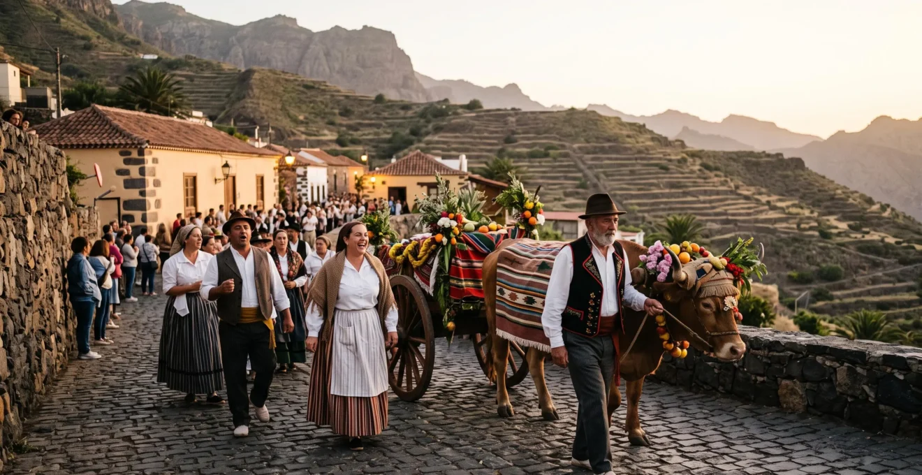 Scène de romería traditionnelle aux Canaries avec habitants en costume typique célébrant autour d'un char décoré