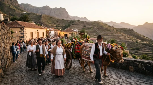 Scène de romería traditionnelle aux Canaries avec habitants en costume typique célébrant autour d'un char décoré