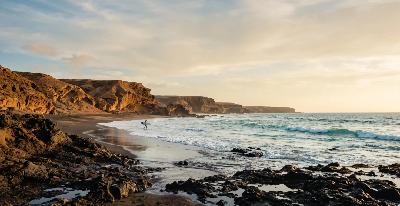 Paysage sauvage de Fuerteventura entre falaises volcaniques et océan Atlantique, loin des zones touristiques