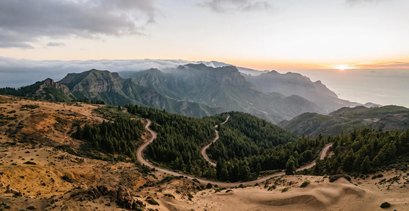 Vue panoramique illustrant les paysages contrastés de Grande Canarie, des dunes dorées aux montagnes verdoyantes