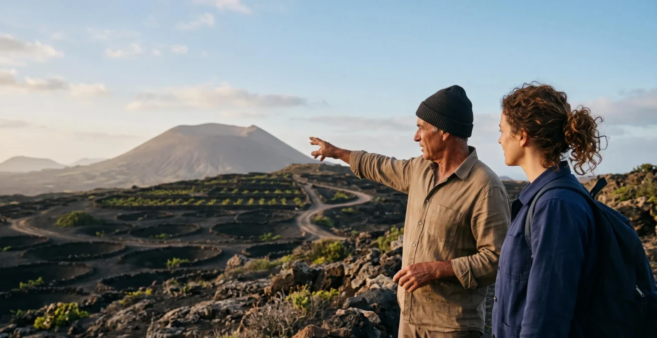Un guide local aux Canaries partage un moment authentique avec un voyageur face à un paysage volcanique, loin des circuits touristiques classiques