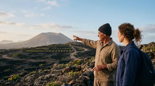 Un guide local aux Canaries partage un moment authentique avec un voyageur face à un paysage volcanique, loin des circuits touristiques classiques