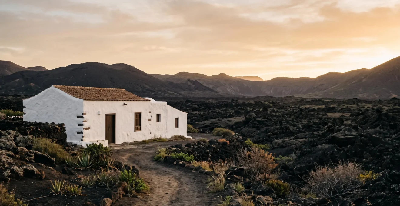 Vue éditoriale d'une architecture blanche typique de Lanzarote intégrée dans un paysage volcanique noir, symbole de l'œuvre de César Manrique.
