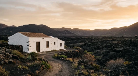 Vue éditoriale d'une architecture blanche typique de Lanzarote intégrée dans un paysage volcanique noir, symbole de l'œuvre de César Manrique.
