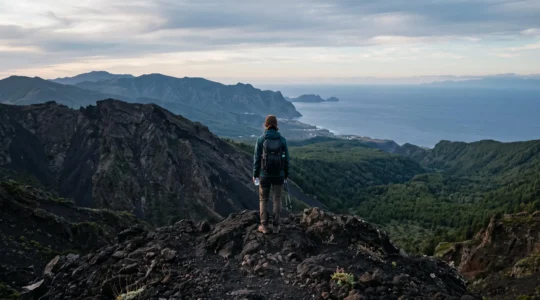 Randonneur en silhouette contemplant le contraste entre roche volcanique noire, forêt verte et océan bleu aux Canaries