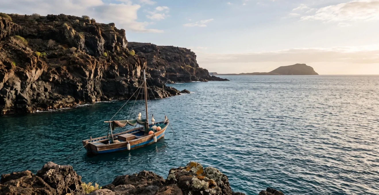 Vue panoramique d'un îlot volcanique préservé des Canaries avec une côte sauvage et une mer turquoise