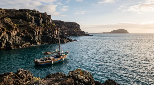 Vue panoramique d'un îlot volcanique préservé des Canaries avec une côte sauvage et une mer turquoise