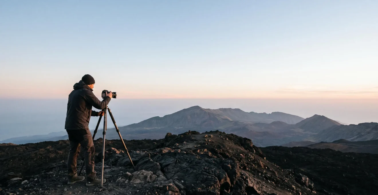 Photographe de paysage capturant la lumière dorée sur un relief volcanique des Canaries au lever du soleil