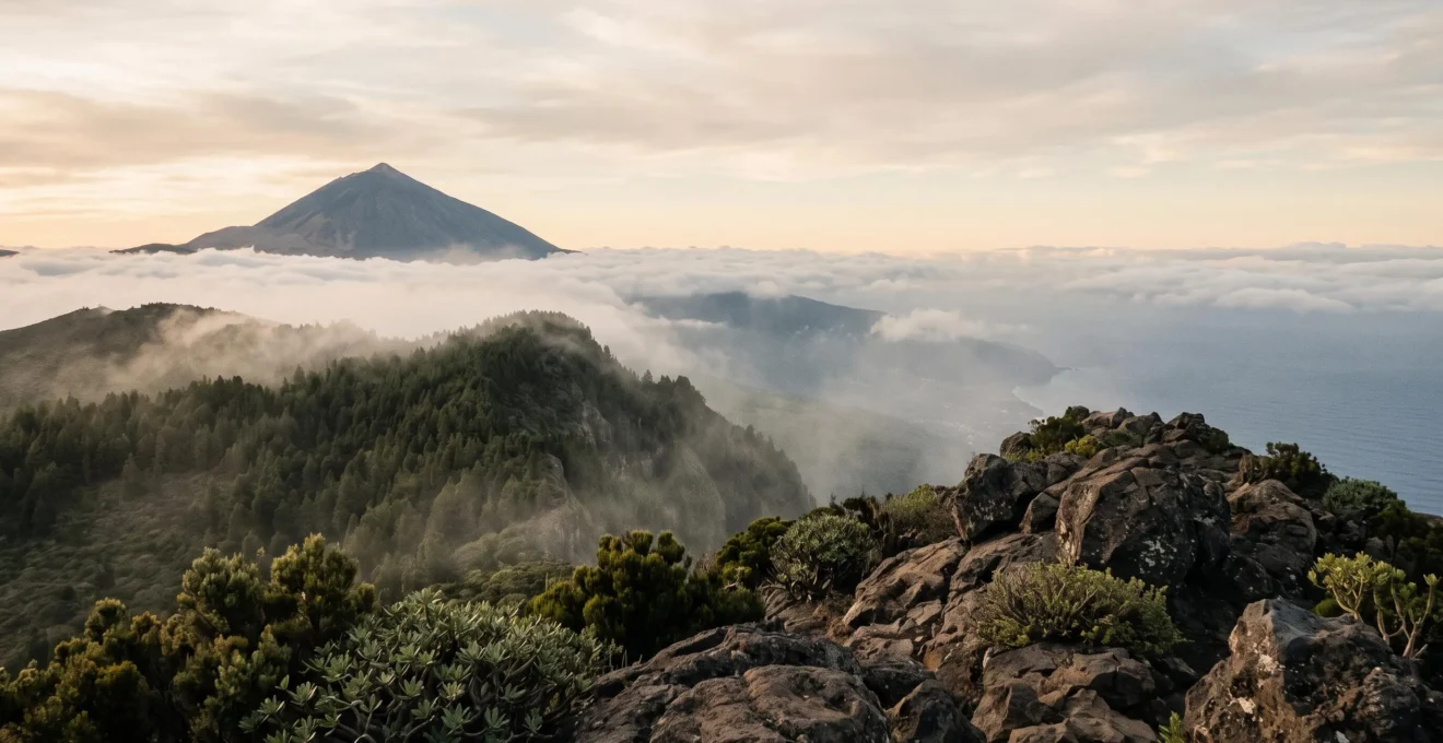Vue panoramique montrant la diversité des habitats naturels des îles Canaries, du littoral volcanique aride à la forêt de brume en altitude