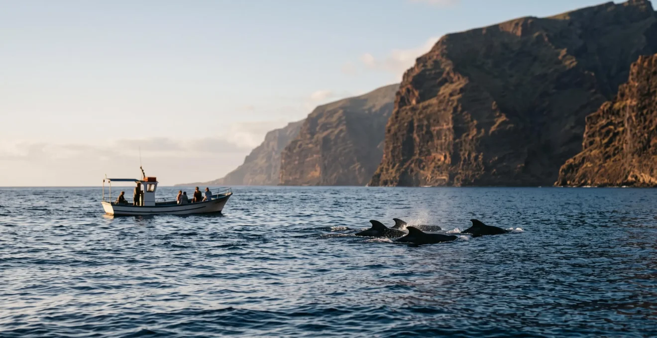Petit bateau d'observation maintenant une distance respectueuse d'un groupe de baleines pilotes au large de falaises volcaniques des Canaries