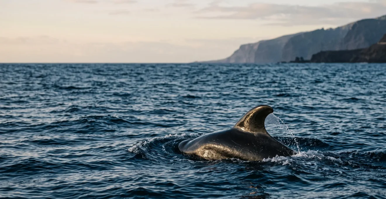 Nageoire dorsale d'une baleine pilote émergeant des eaux calmes de l'Atlantique au large des îles Canaries au lever du soleil