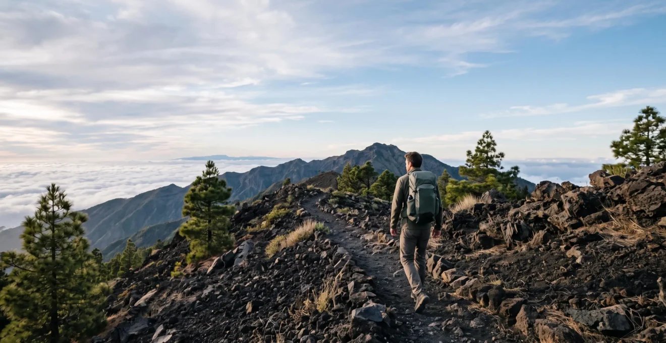 Randonneur solitaire portant un sac à dos ultra-léger sur un sentier volcanique des Canaries au lever du soleil