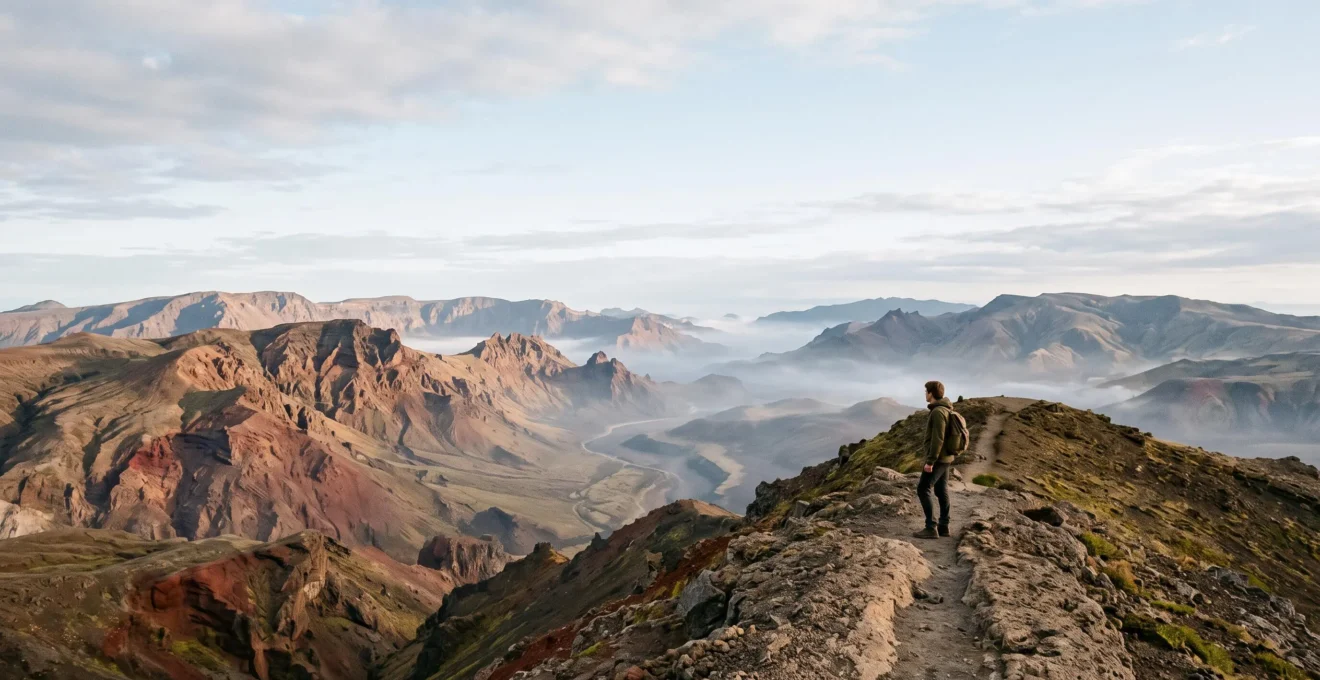 Un voyageur solitaire contemplant un paysage volcanique désert des Canaries au lever du soleil, loin de la foule touristique