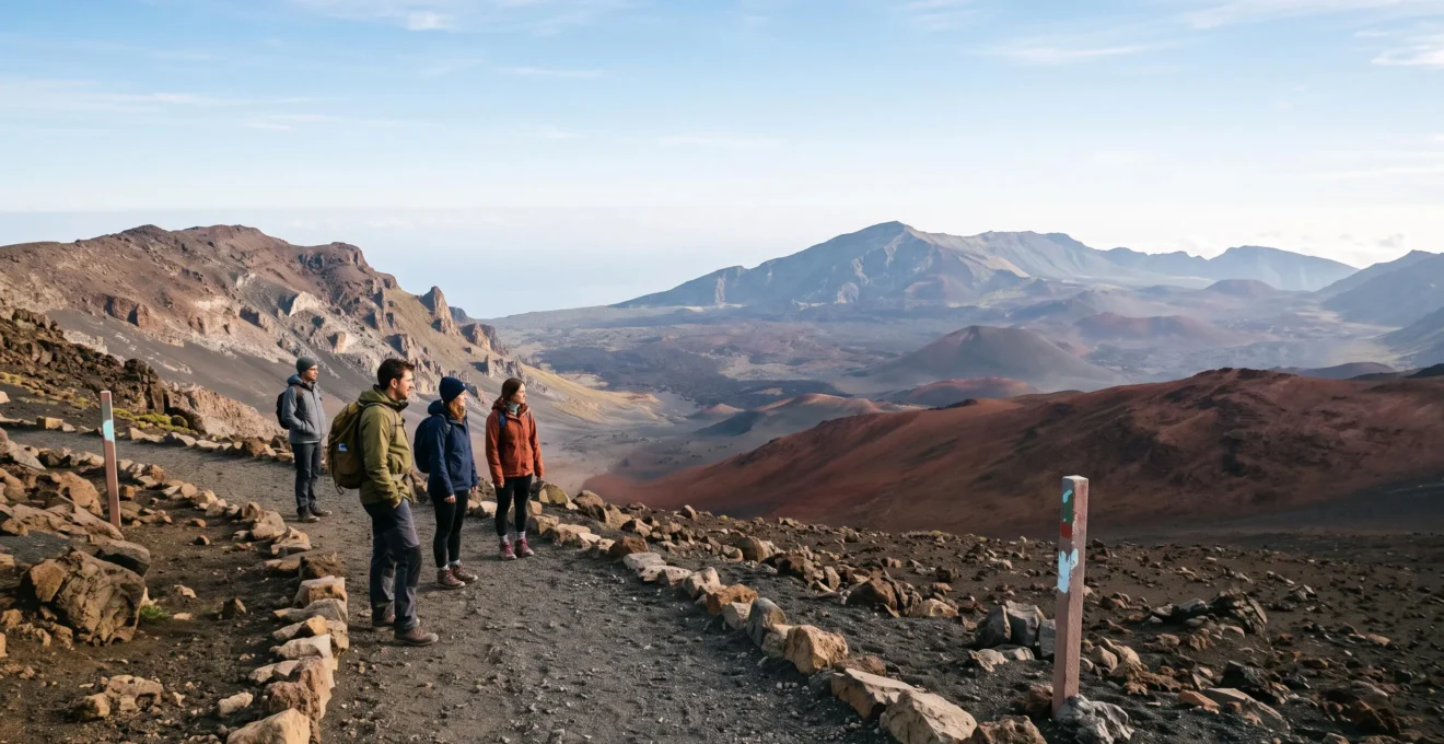 Randonneurs contemplant un vaste paysage volcanique des Canaries au lever du jour, illustrant une visite responsable et sans risque