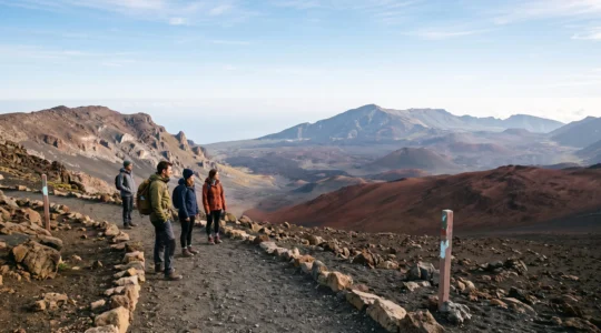 Randonneurs contemplant un vaste paysage volcanique des Canaries au lever du jour, illustrant une visite responsable et sans risque