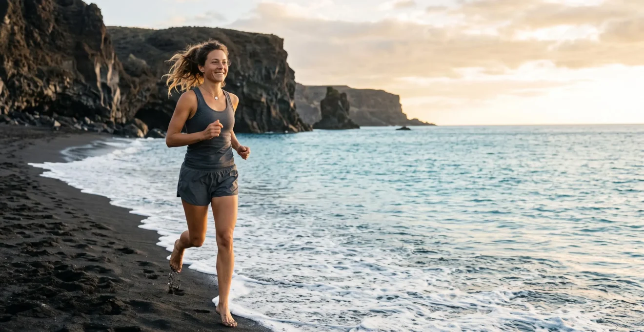 Voyageur en pleine foulée sur une plage de sable noir volcanique des Canaries au lever du soleil, entre activité et détente