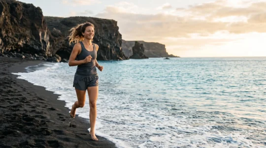 Voyageur en pleine foulée sur une plage de sable noir volcanique des Canaries au lever du soleil, entre activité et détente