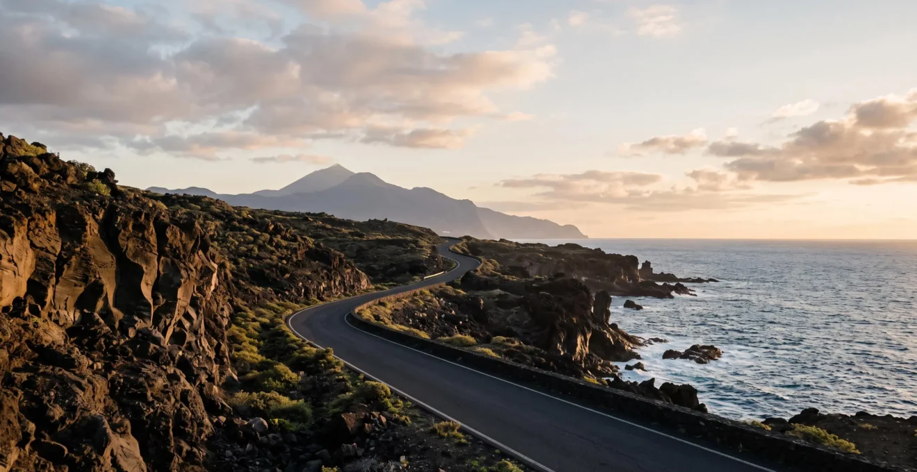 Route côtière sinueuse traversant un paysage volcanique spectaculaire entre montagnes et océan Atlantique, évoquant le choix d'un itinéraire de voyage aux Canaries