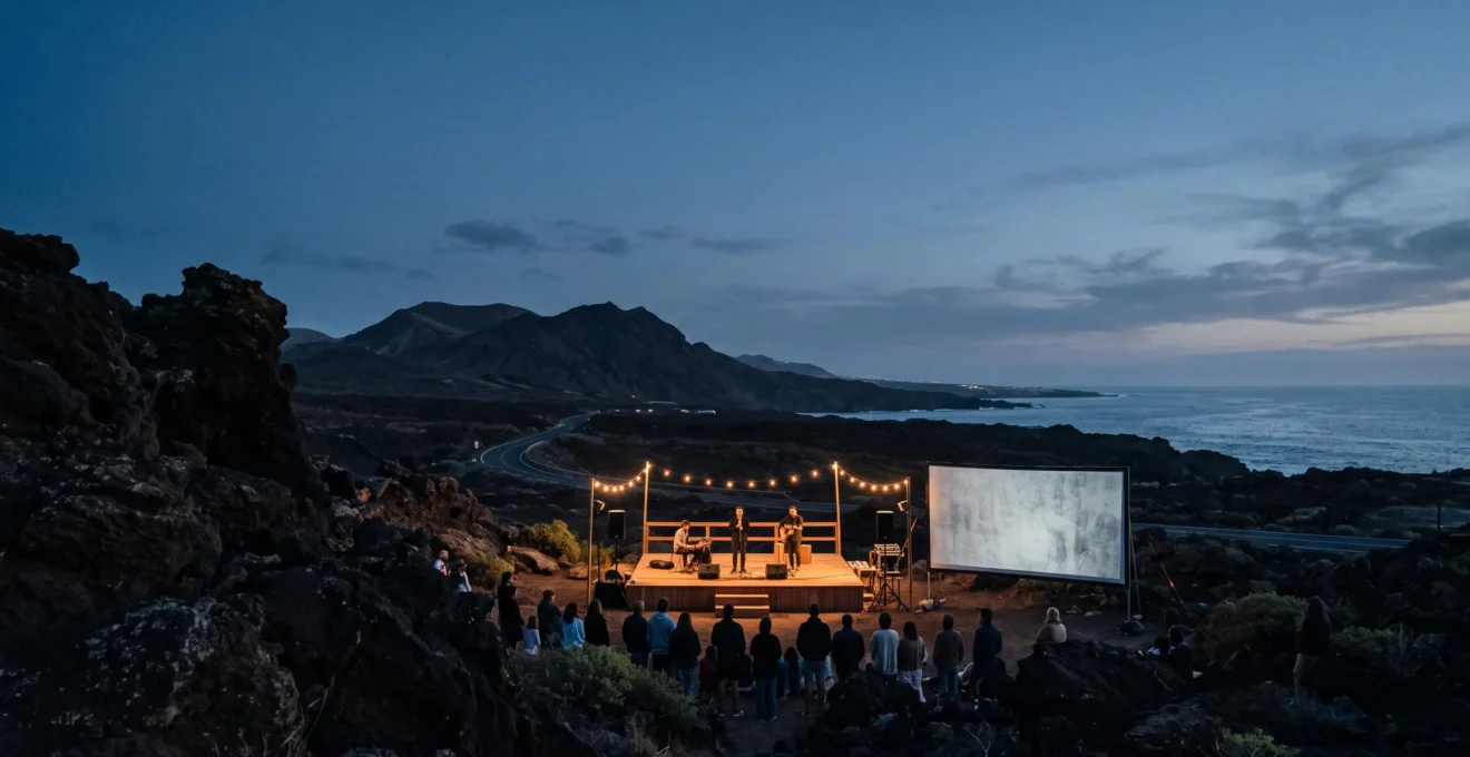 Scène de plein air sur un paysage volcanique des Canaries au crépuscule, ambiance festival de musique et de cinéma