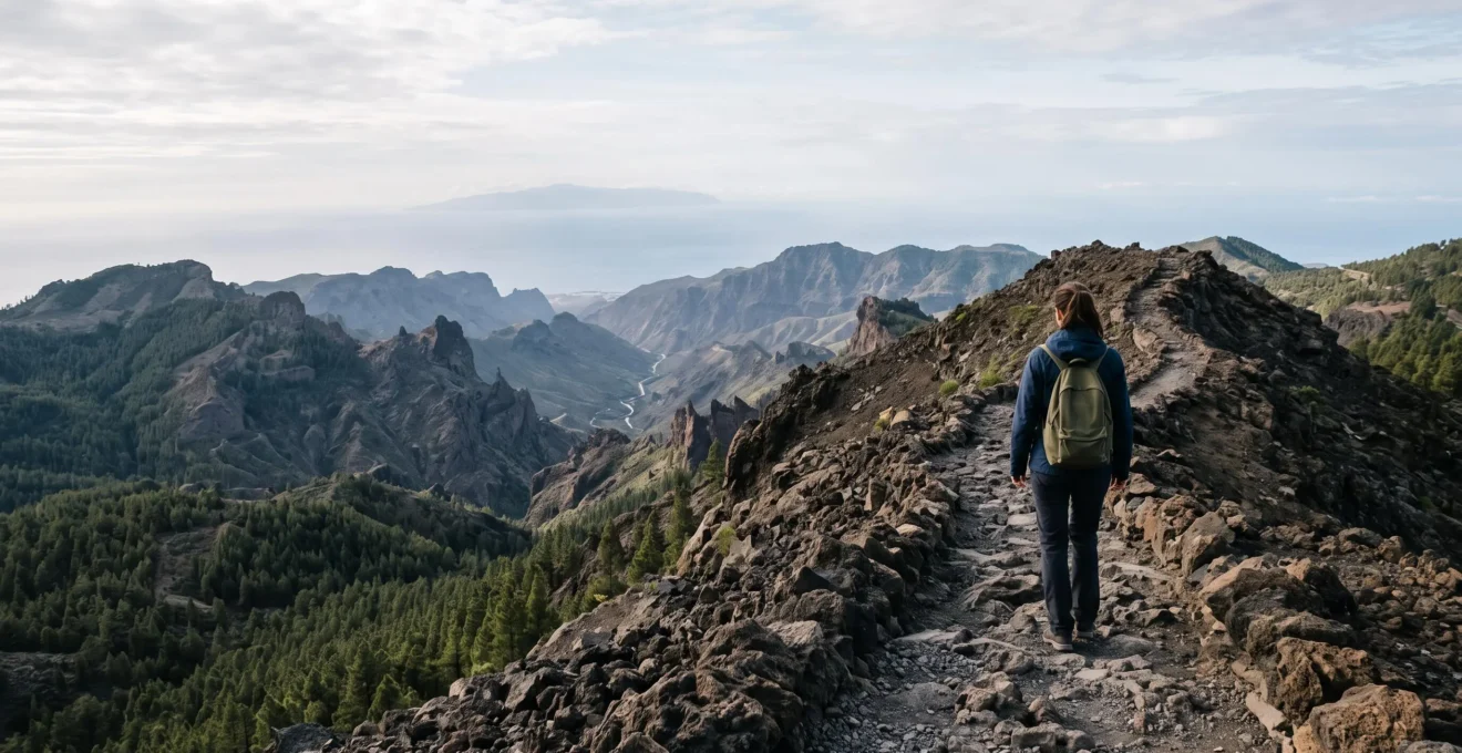 Sentier de randonnée serpentant à travers un paysage volcanique préservé des Canaries, illustrant l'équilibre entre exploration et préservation écologique