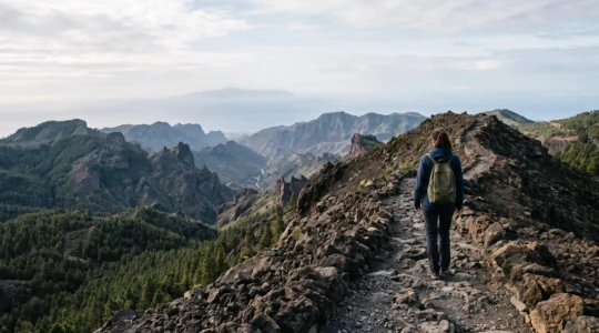 Sentier de randonnée serpentant à travers un paysage volcanique préservé des Canaries, illustrant l'équilibre entre exploration et préservation écologique