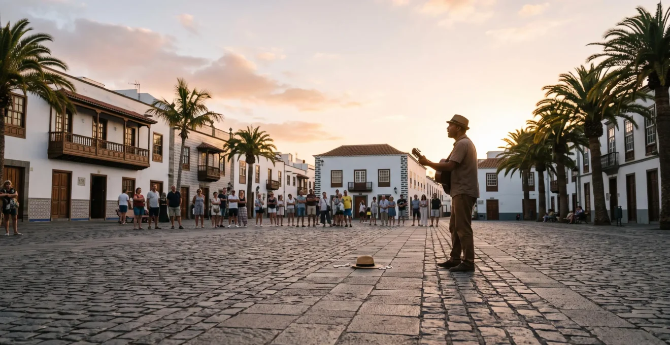 Musicien de rue jouant sur une place canarienne pavee au coucher du soleil, entoure de badauds attentifs