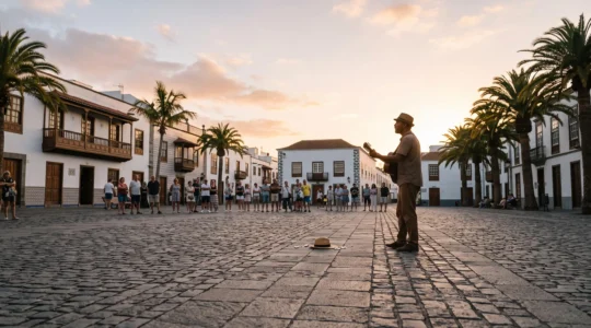 Musicien de rue jouant sur une place canarienne pavee au coucher du soleil, entoure de badauds attentifs