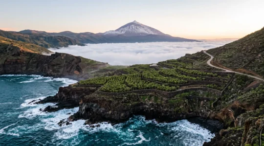 Vue panoramique editoriale illustrant le contraste entre la cote volcanique noire de Tenerife et le sommet enneige du Teide au loin