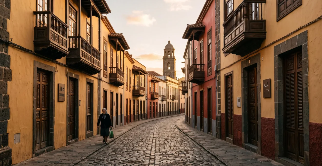 Ruelle pavée d'une ville historique des Canaries bordée de façades coloniales aux balcons de bois sculpté, sous une lumière douce de fin de journée