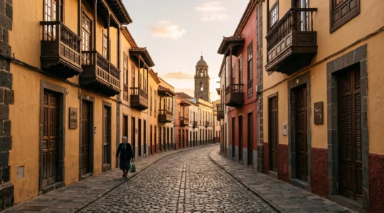 Ruelle pavée d'une ville historique des Canaries bordée de façades coloniales aux balcons de bois sculpté, sous une lumière douce de fin de journée