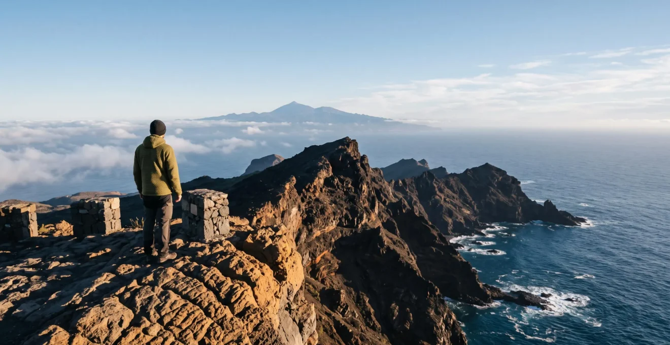 Silhouette contemplant un panorama vertigineux entre falaises volcaniques noires et océan Atlantique aux Canaries